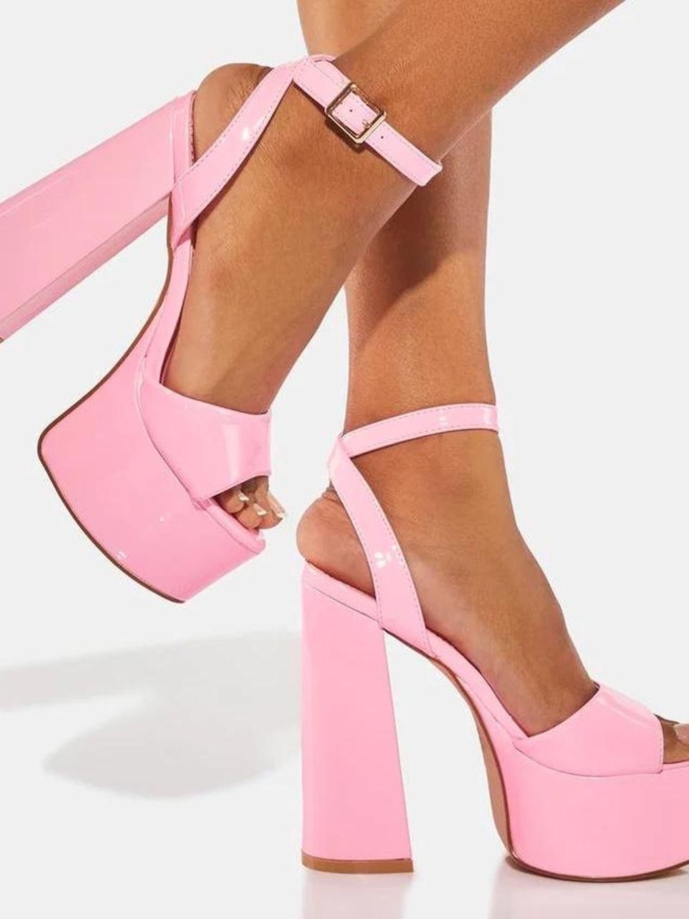 Lemon Drop Pink Platform Block Heel Sandals with Ankle Strap